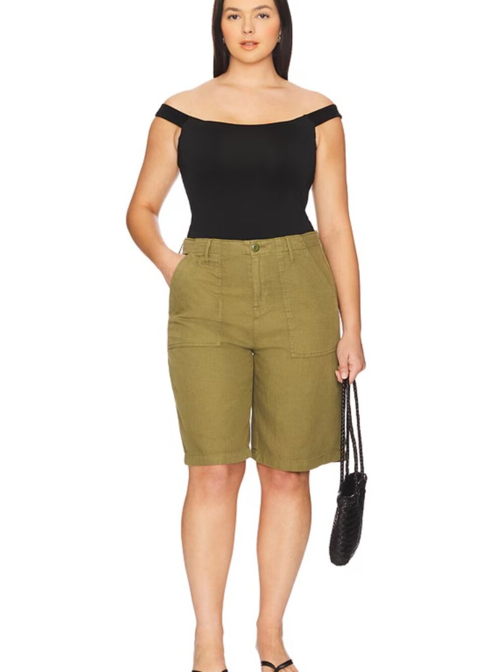 Revolve Good American Lite Linen Bermuda Short Olive Linen Cotton Tencel size 14